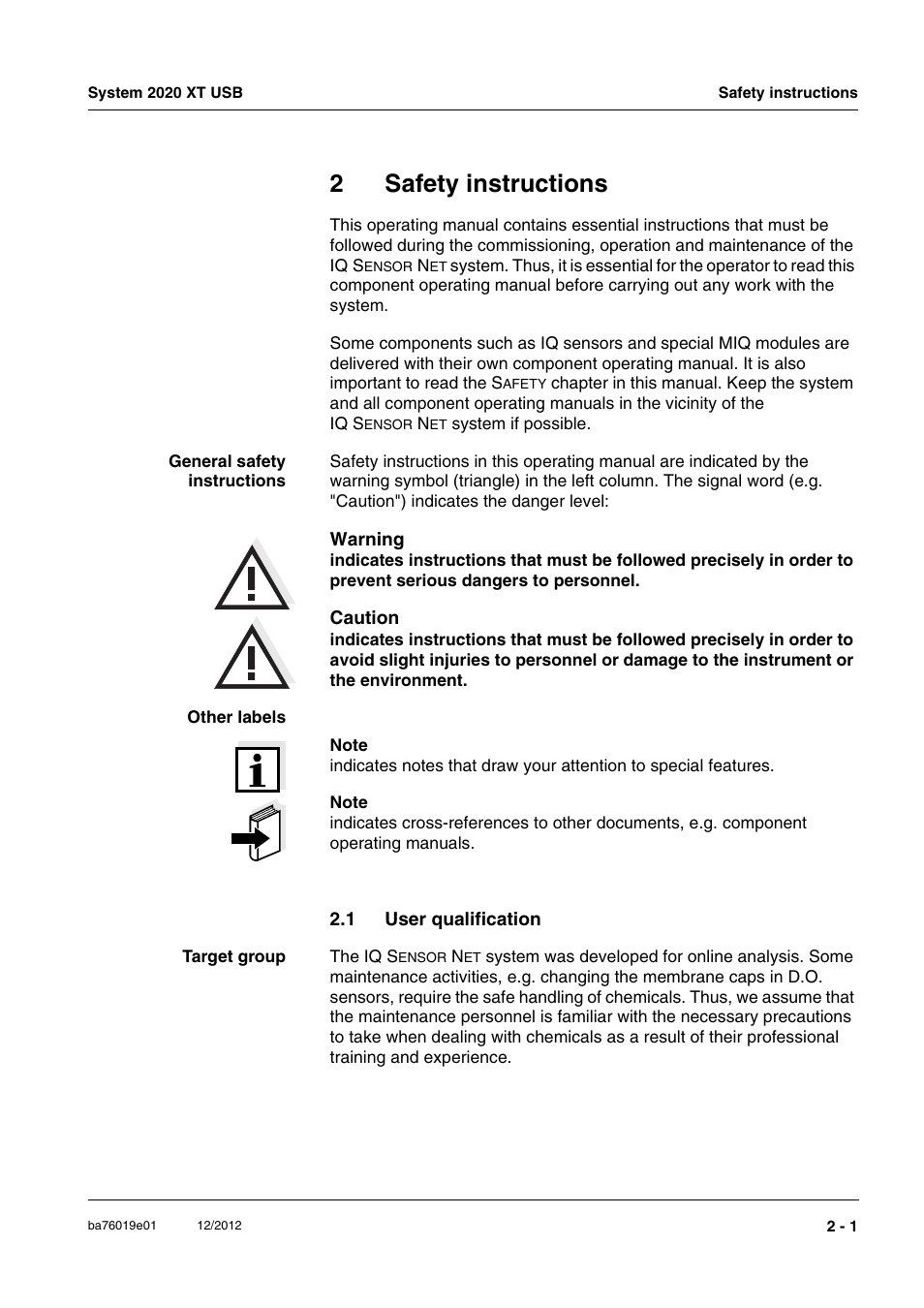 2 safety instructions, 1 user qualification, Safety instructions -1 | User qualification -1, 2safety instructions | YSI IQ SensorNet 2020 XT Terminal User Manual | Page 27 / 196