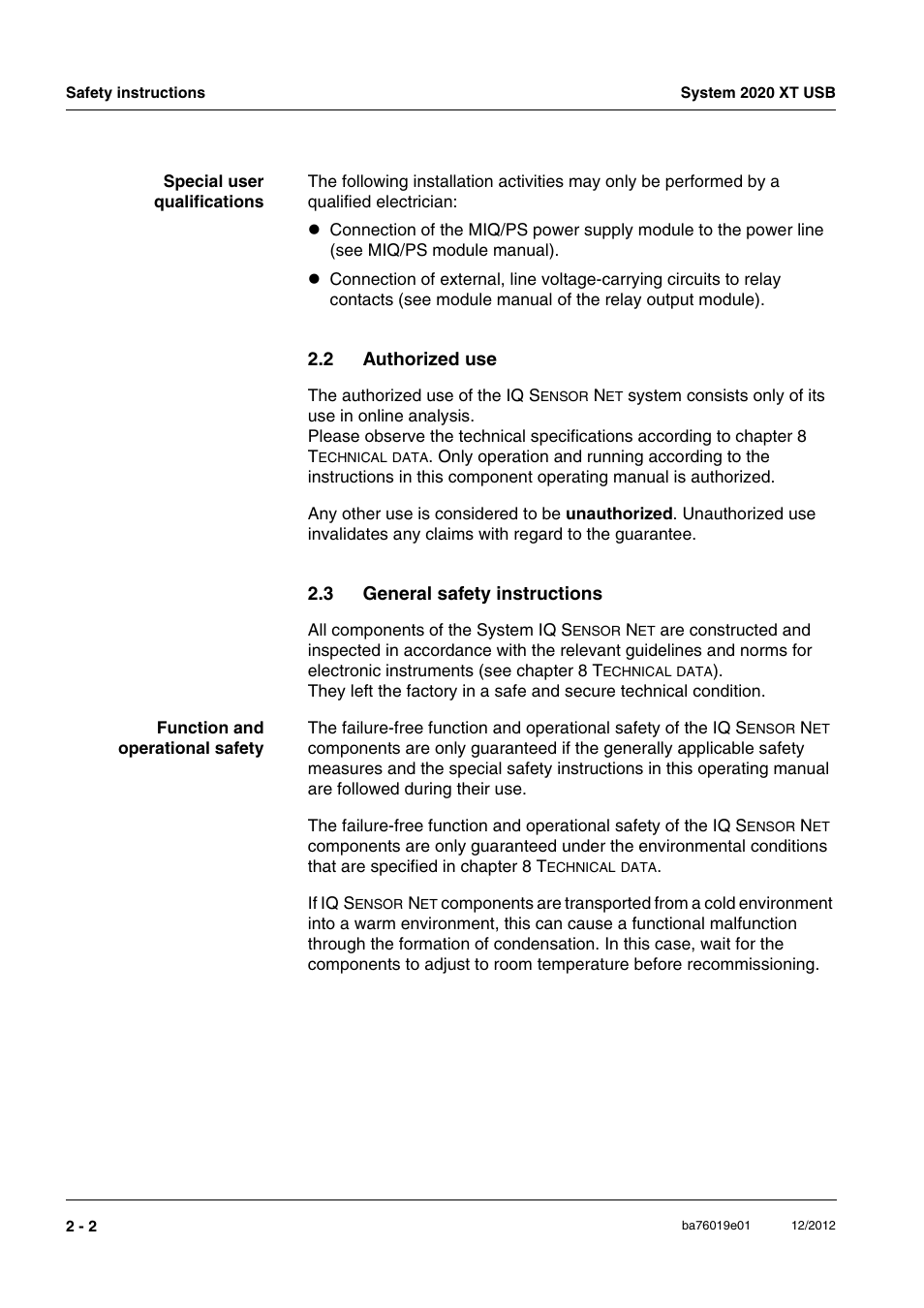 2 authorized use, 3 general safety instructions, Authorized use -2 | General safety instructions -2 | YSI IQ SensorNet 2020 XT Terminal User Manual | Page 28 / 196