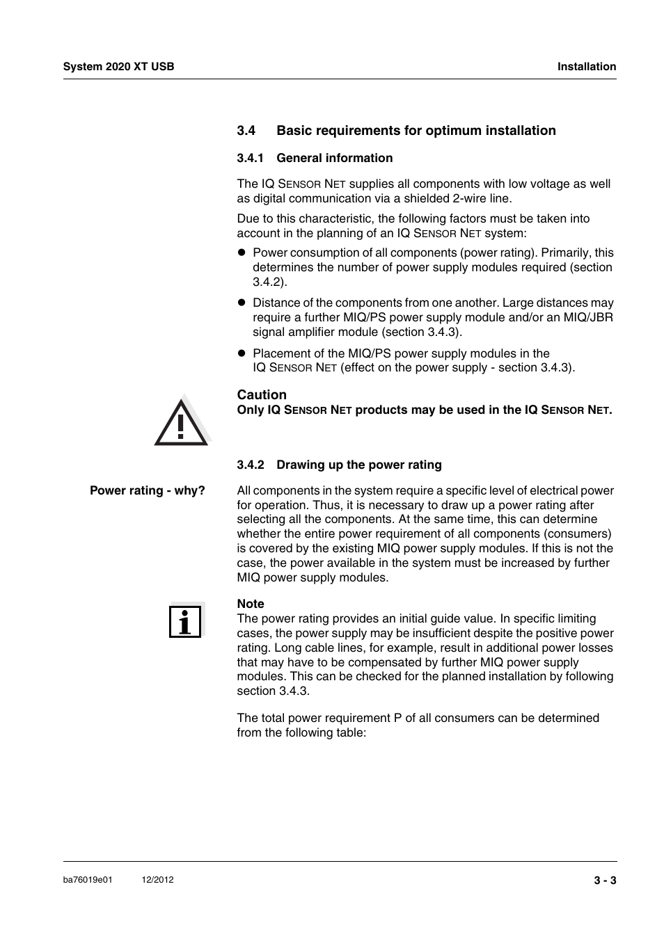 4 basic requirements for optimum installation, 1 general information, 2 drawing up the power rating | General information -3, Drawing up the power rating -3 | YSI IQ SensorNet 2020 XT Terminal User Manual | Page 33 / 196