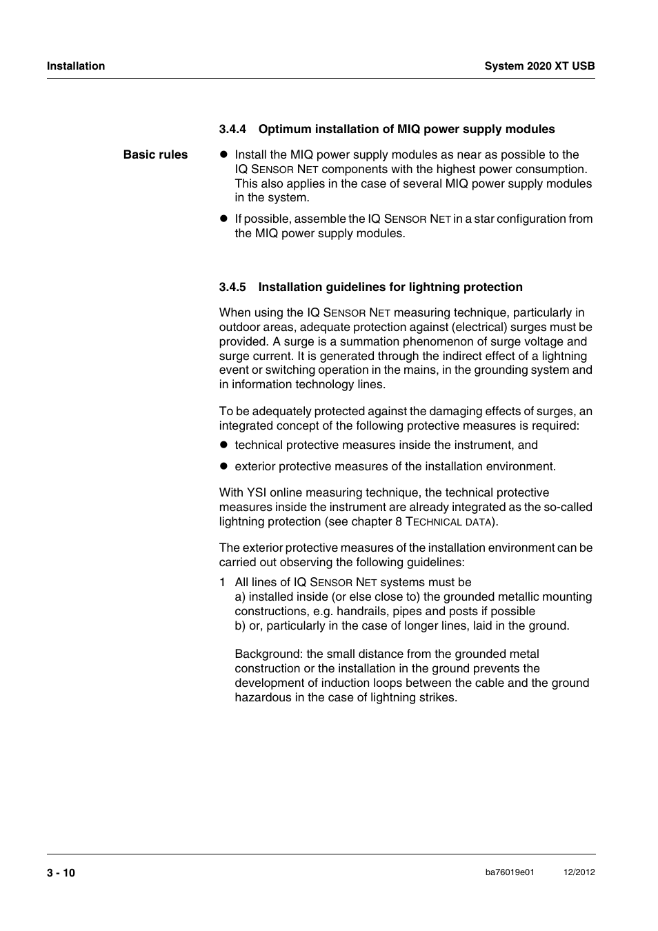 4 optimum installation of miq power supply modules, 5 installation guidelines for lightning protection | YSI IQ SensorNet 2020 XT Terminal User Manual | Page 40 / 196