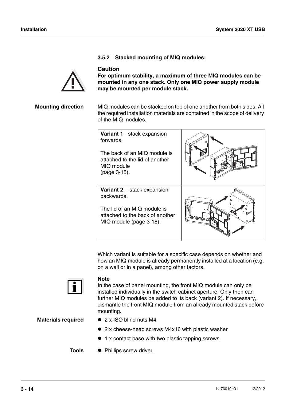 2 stacked mounting of miq modules, Stacked mounting of miq modules: -14, The stack (section 3.5.2) | YSI IQ SensorNet 2020 XT Terminal User Manual | Page 44 / 196