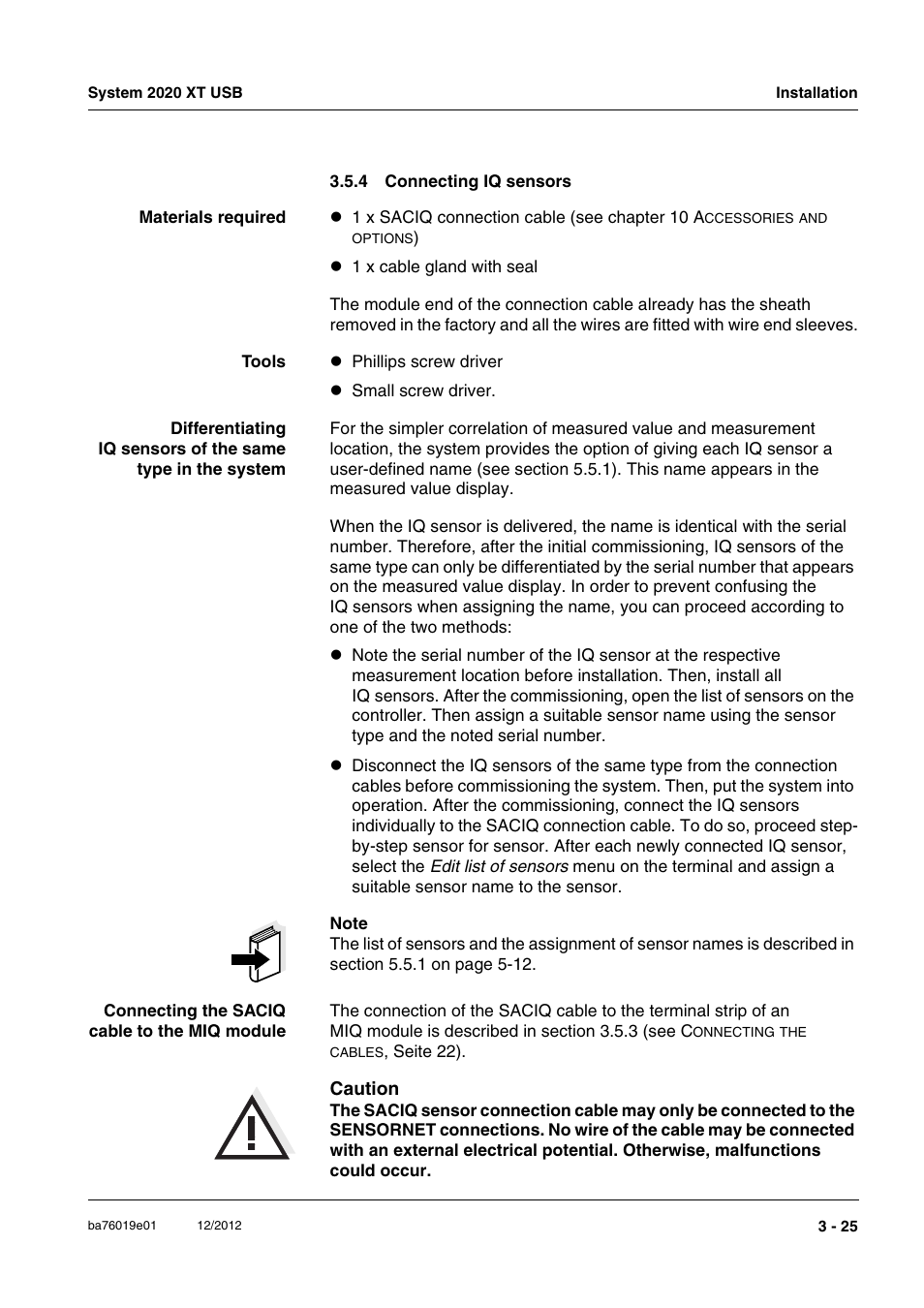 4 connecting iq sensors, Connecting iq sensors -25, Ors (section 3.5.4) | YSI IQ SensorNet 2020 XT Terminal User Manual | Page 55 / 196