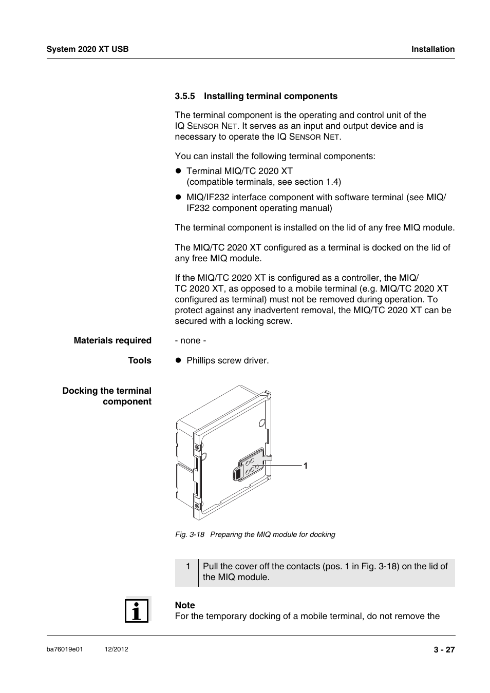 5 installing terminal components, Installing terminal components -27, Mechanism (section 3.5.5 | YSI IQ SensorNet 2020 XT Terminal User Manual | Page 57 / 196