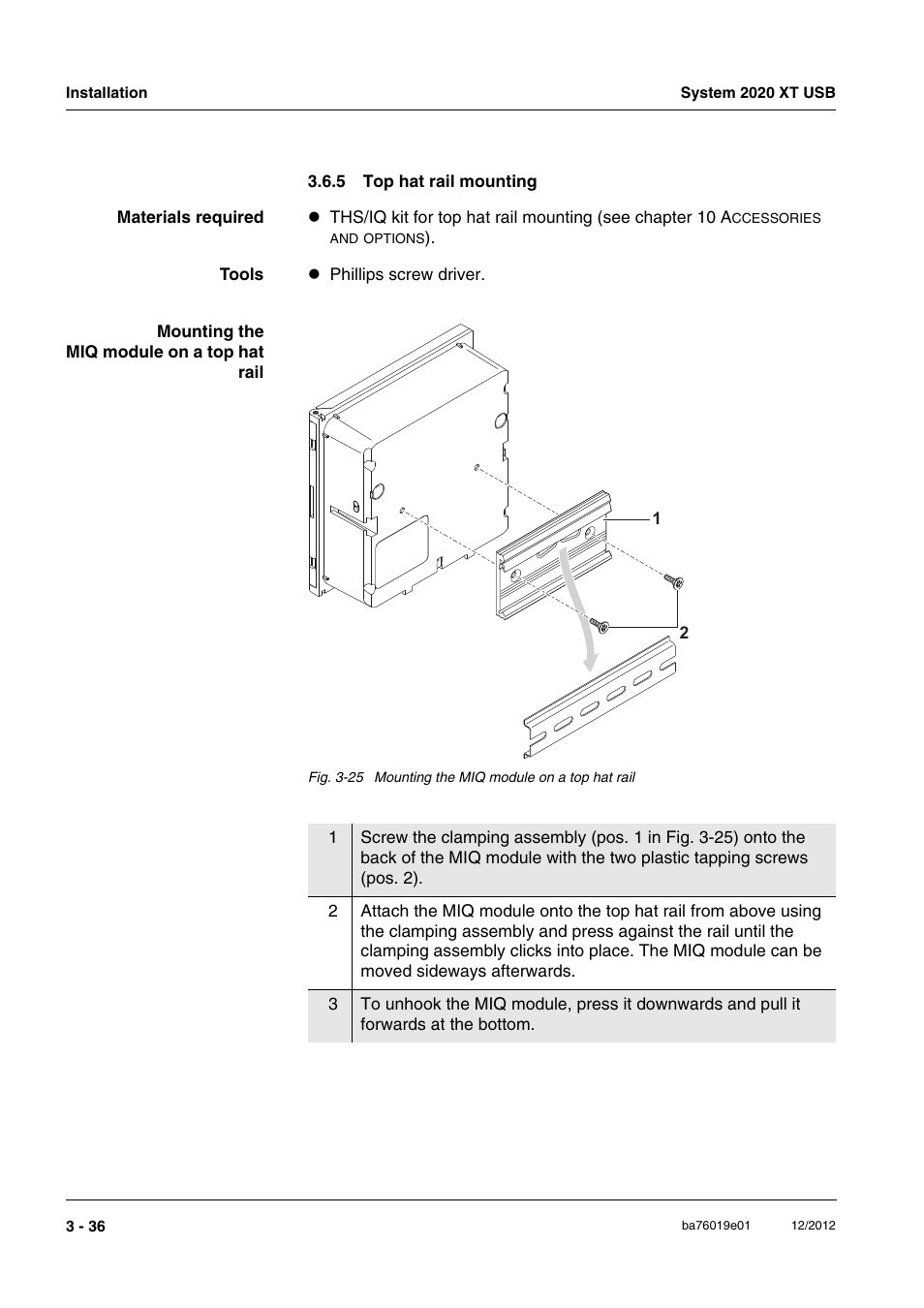5 top hat rail mounting, Top hat rail mounting -36, Section 3.6.5 | YSI IQ SensorNet 2020 XT Terminal User Manual | Page 66 / 196