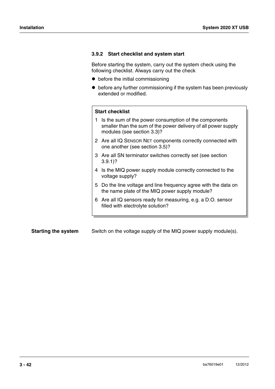 2 start checklist and system start, Start checklist and system start -42 | YSI IQ SensorNet 2020 XT Terminal User Manual | Page 72 / 196