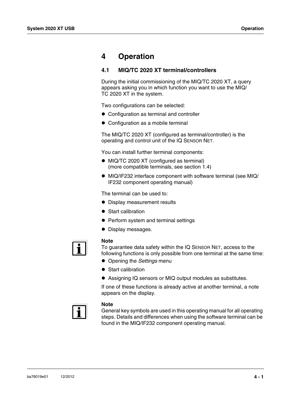 4 operation, 1 miq/tc 2020 xt terminal/controllers, Operation -1 | Miq/tc 2020 xt terminal/controllers -1, 4operation | YSI IQ SensorNet 2020 XT Terminal User Manual | Page 79 / 196