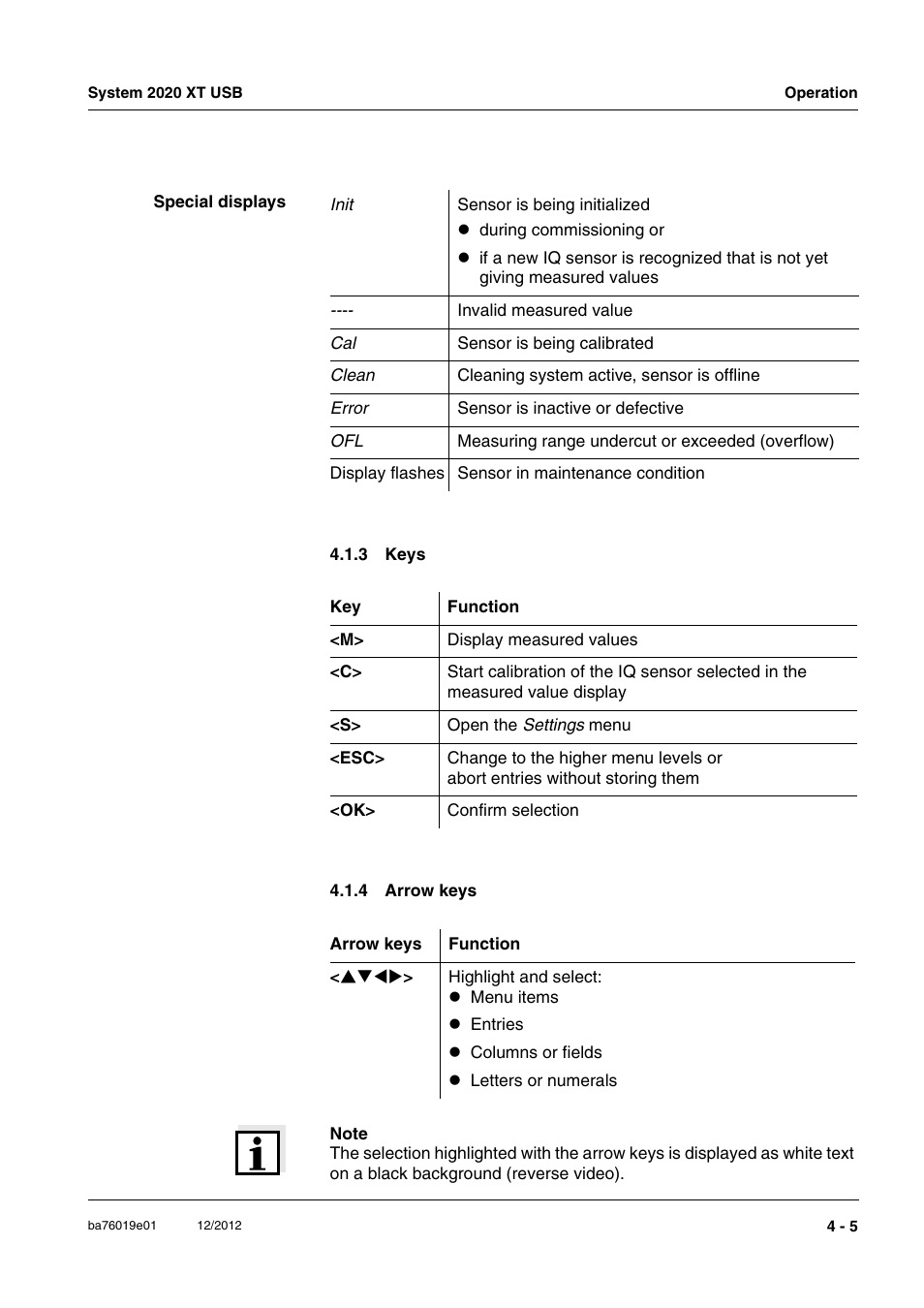 3 keys, 4 arrow keys, Keys -5 | Arrow keys -5, Section 4.1.4 a, Rrow, Keys, See section 4.1.3 k | YSI IQ SensorNet 2020 XT Terminal User Manual | Page 83 / 196