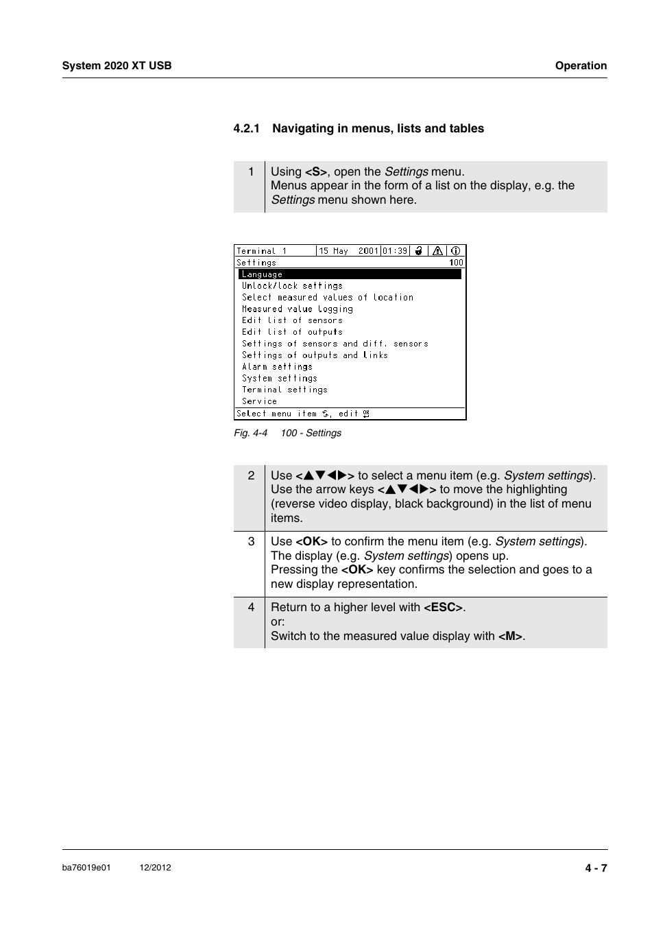 1 navigating in menus, lists and tables, Navigating in menus, lists and tables -7 | YSI IQ SensorNet 2020 XT Terminal User Manual | Page 85 / 196