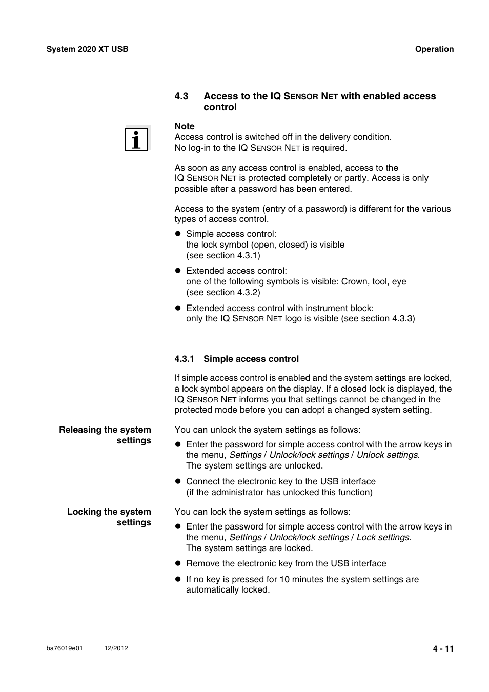 1 simple access control, Access to the iq, Simple access control -11 | YSI IQ SensorNet 2020 XT Terminal User Manual | Page 89 / 196