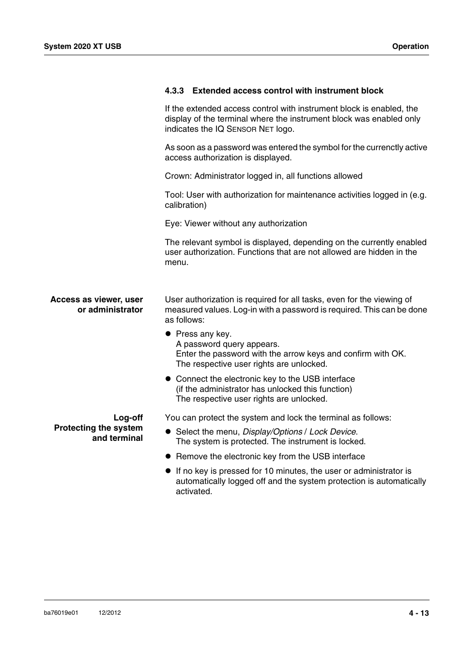 3 extended access control with instrument block, Extended access control with instrument block -13 | YSI IQ SensorNet 2020 XT Terminal User Manual | Page 91 / 196
