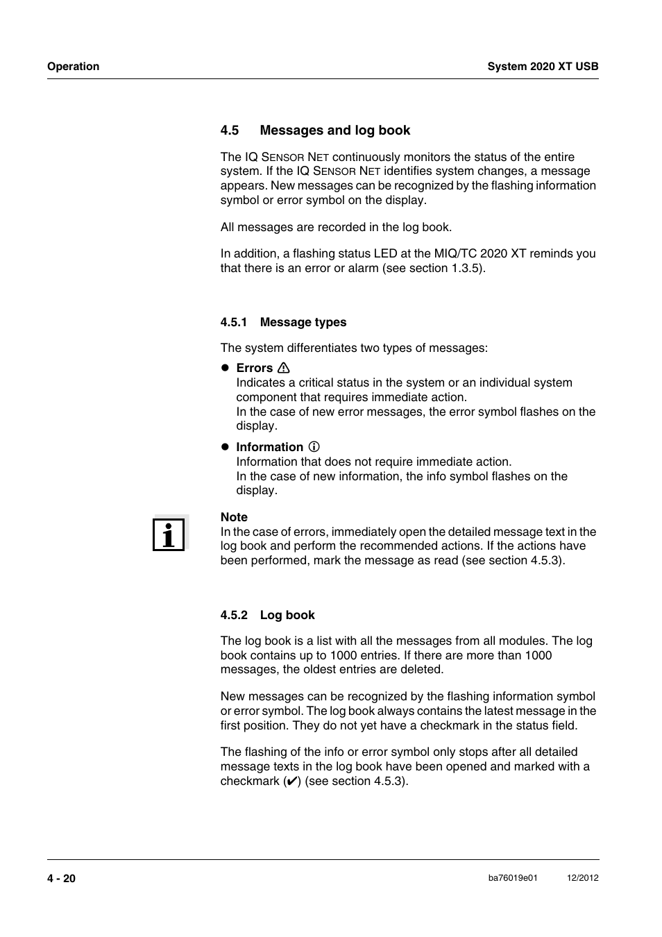 5 messages and log book, 1 message types, 2 log book | Messages and log book -20 4.5.1, Message types -20, Log book -20, G book, see section 4.5 | YSI IQ SensorNet 2020 XT Terminal User Manual | Page 98 / 196