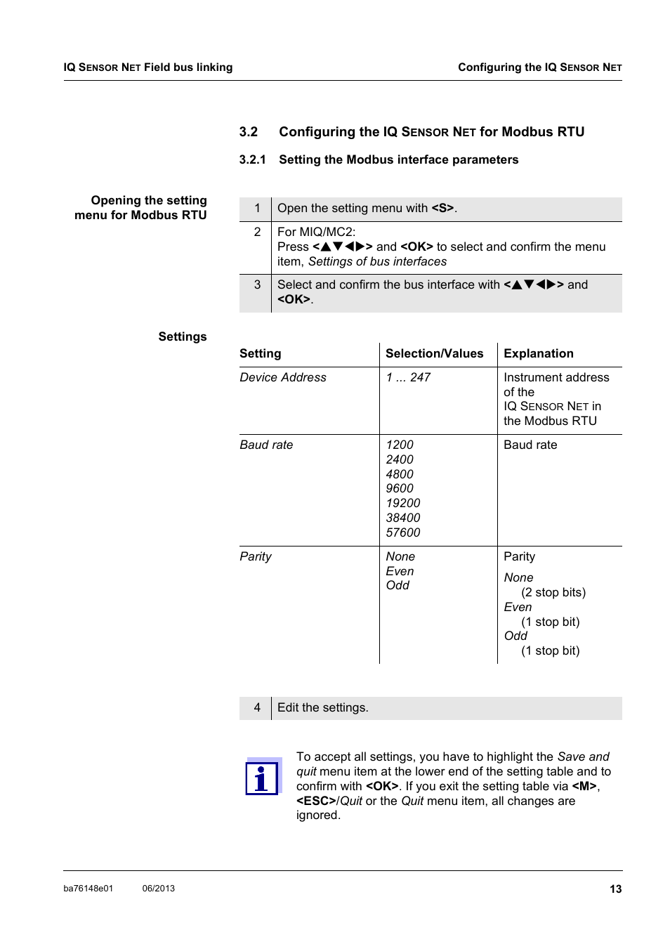 2 configuring the iq sensor net for modbus rtu, 1 setting the modbus interface parameters, Configuring the i | Setting the modbus interface parameters, Section 3.2 | YSI IQ S ENSOR N ET Field bus linking User Manual | Page 15 / 44