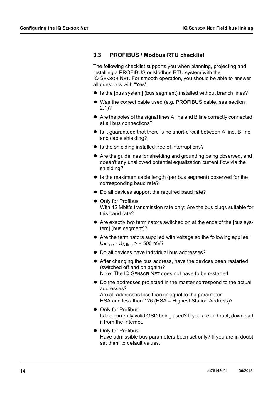 3 profibus / modbus rtu checklist, Profibus / modbus rtu checklist | YSI IQ S ENSOR N ET Field bus linking User Manual | Page 16 / 44