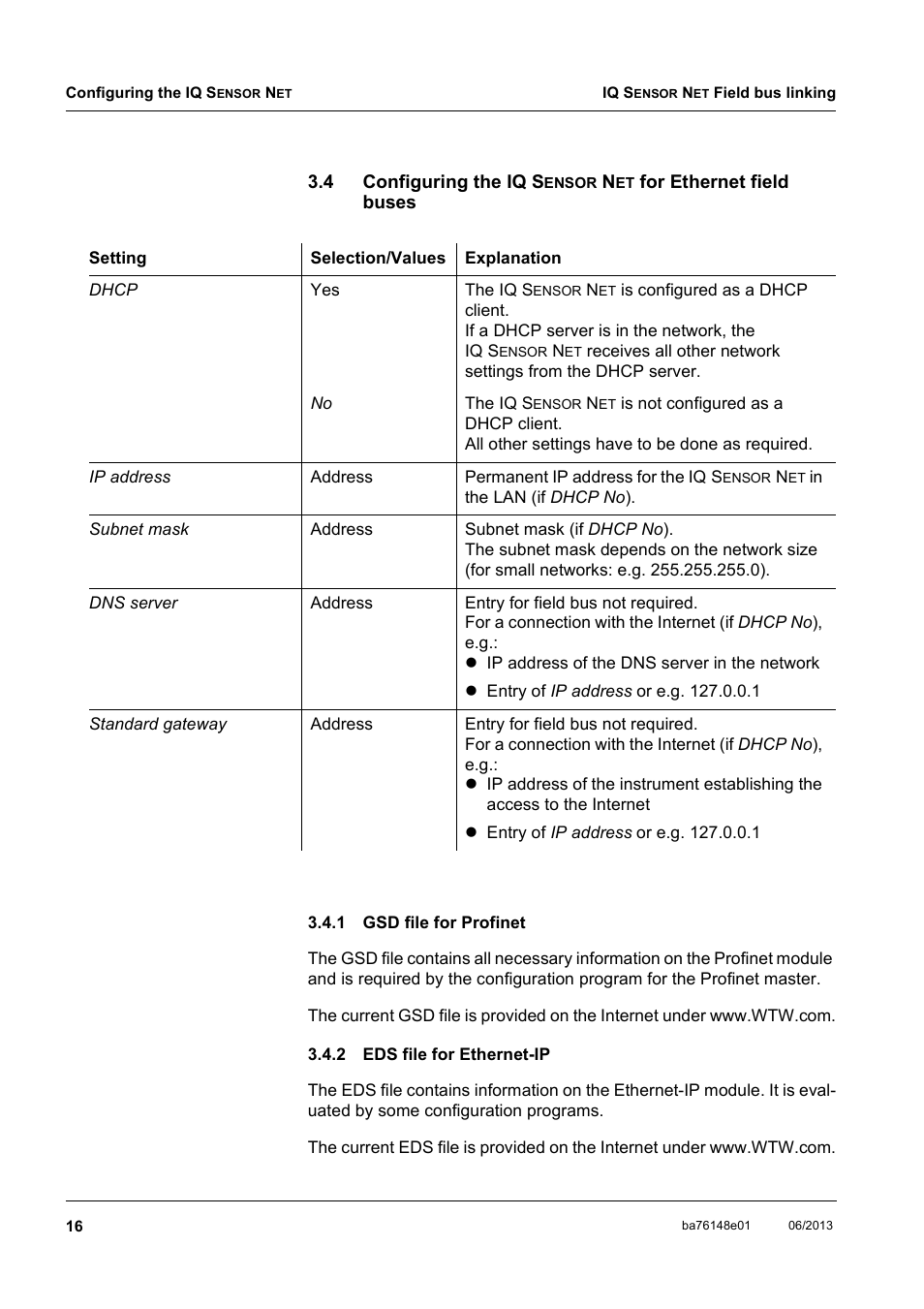 1 gsd file for profinet, 2 eds file for ethernet-ip, Configuring the i | Gsd file for profinet, Eds file for ethernet-ip, Section 3.4, Section | YSI IQ S ENSOR N ET Field bus linking User Manual | Page 18 / 44