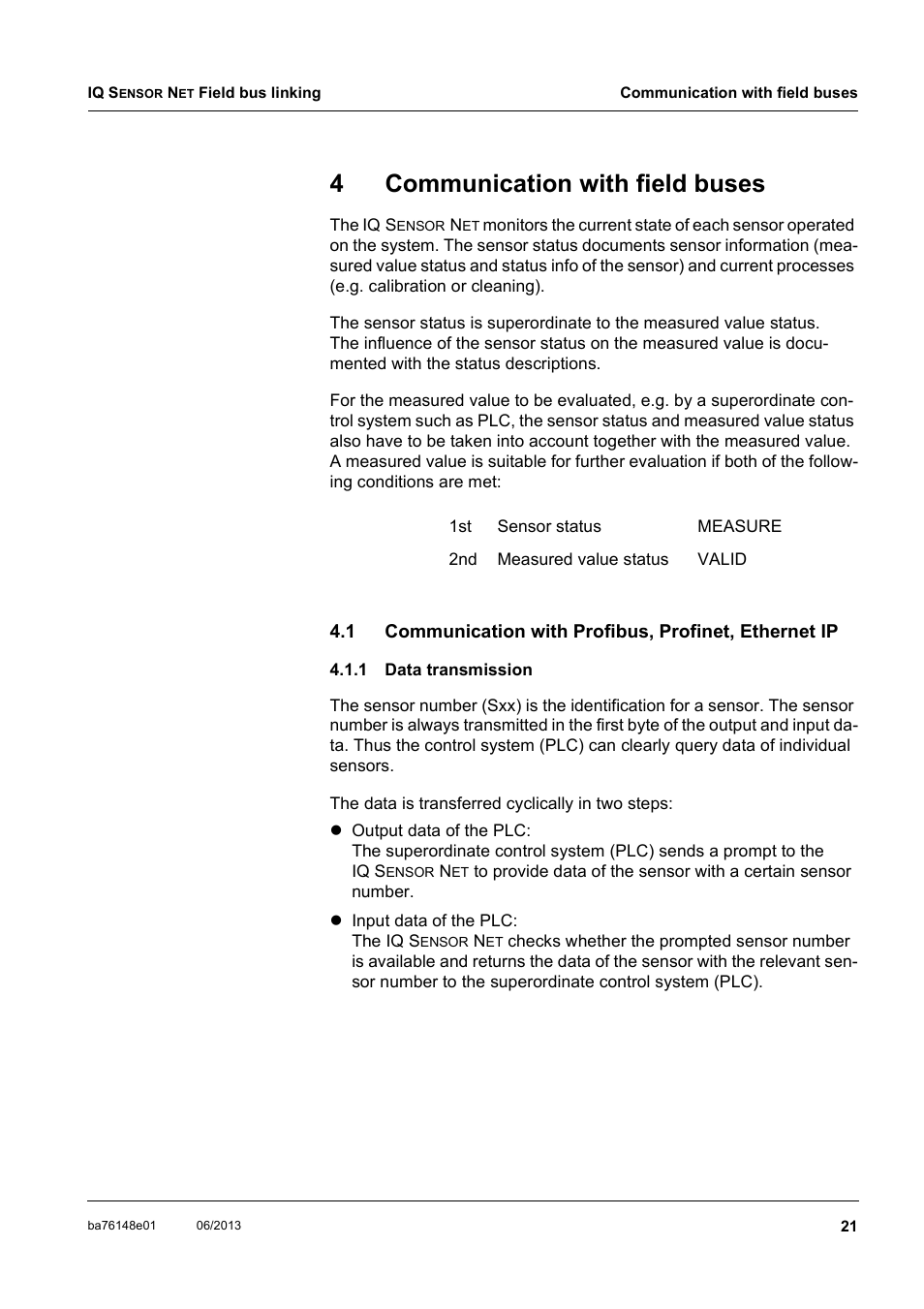 4 communication with field buses, 1 data transmission, Communication with field buses | Data transmission, Section 4.1, 4communication with field buses | YSI IQ S ENSOR N ET Field bus linking User Manual | Page 23 / 44