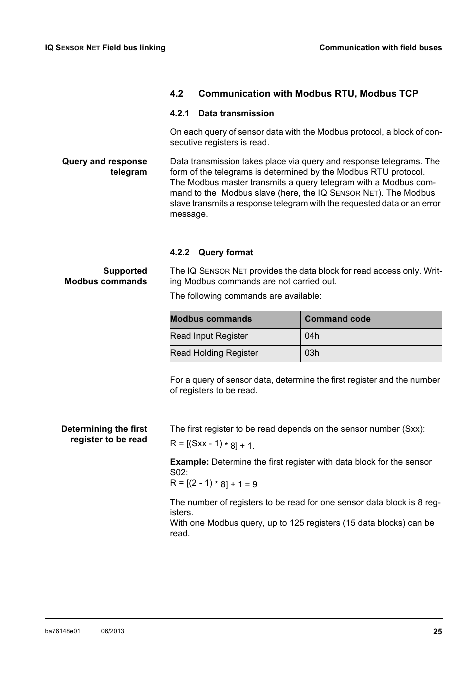 2 communication with modbus rtu, modbus tcp, 1 data transmission, 2 query format | Communication with modbus rtu, modbus tcp, Data transmission, Query format, Section 4.2 | YSI IQ S ENSOR N ET Field bus linking User Manual | Page 27 / 44