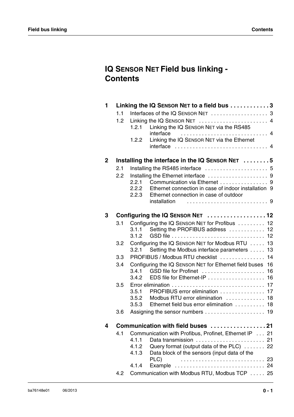 Iq s, Field bus linking - contents | YSI IQ S ENSOR N ET Field bus linking User Manual | Page 3 / 44