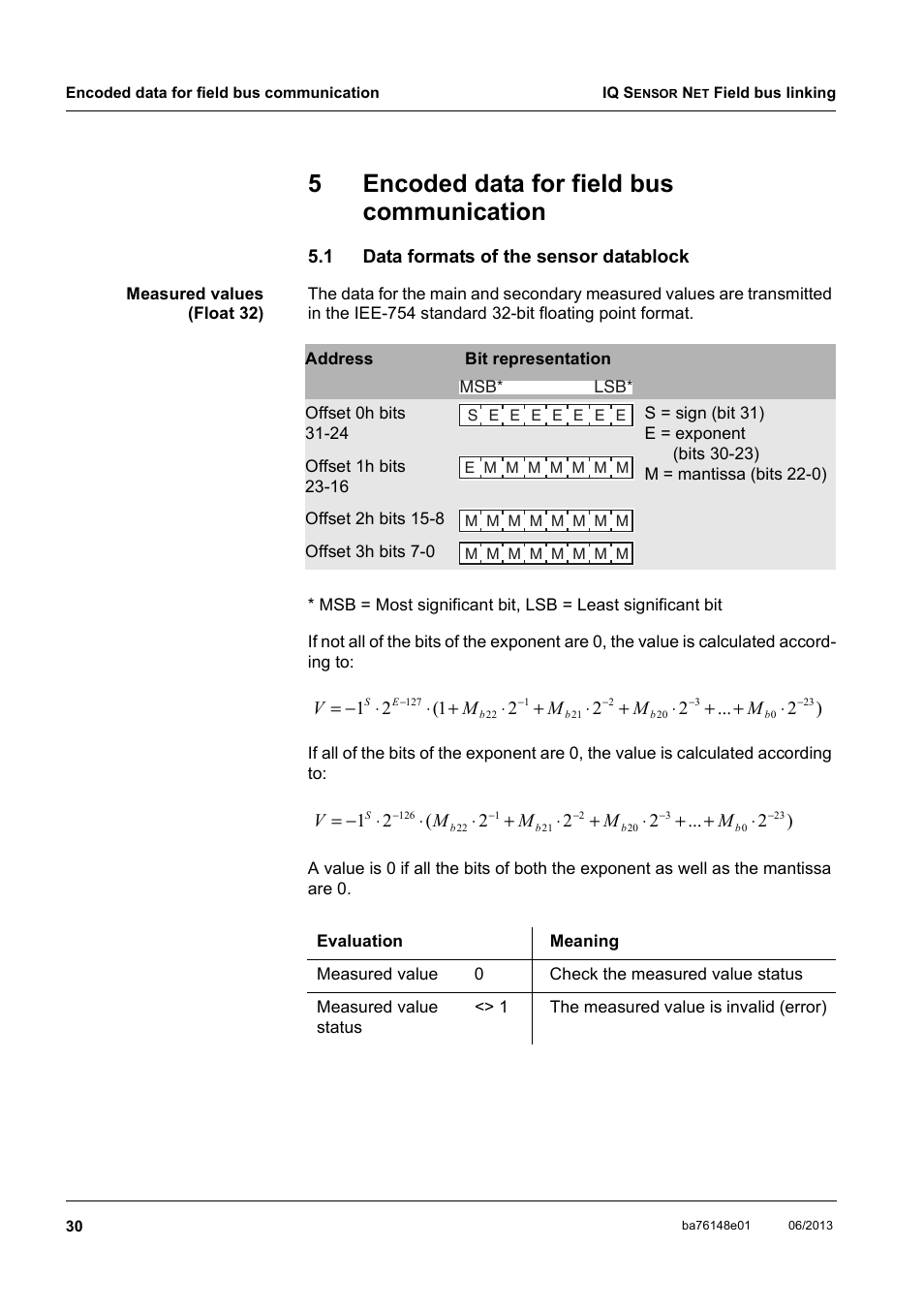 5 encoded data for field bus communication, 1 data formats of the sensor datablock, Encoded data for field bus communication | Data formats of the sensor datablock, Section 5, 5encoded data for field bus communication | YSI IQ S ENSOR N ET Field bus linking User Manual | Page 32 / 44