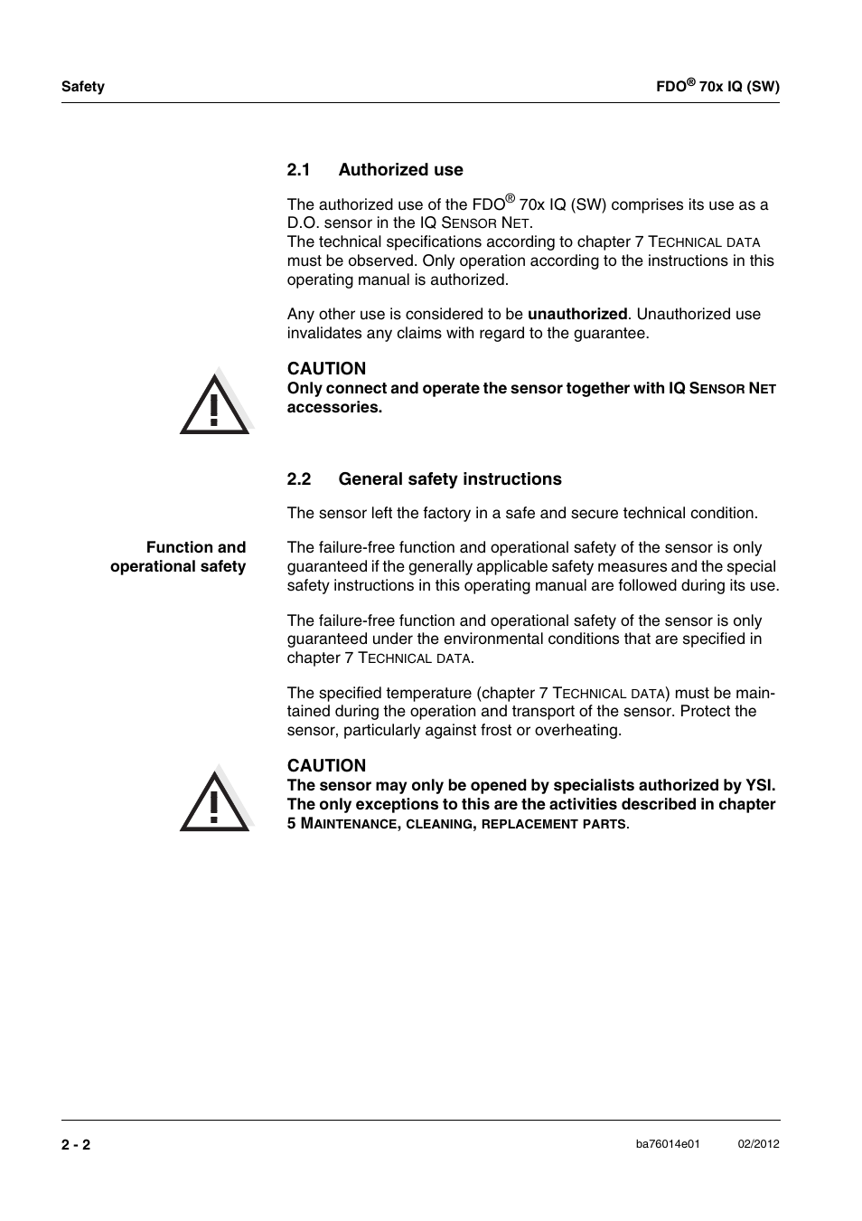 1 authorized use, 2 general safety instructions, Authorized use -2 | General safety instructions -2 | Xylem IQ SensorNet FDO 70x IQ (SW) User Manual | Page 10 / 48