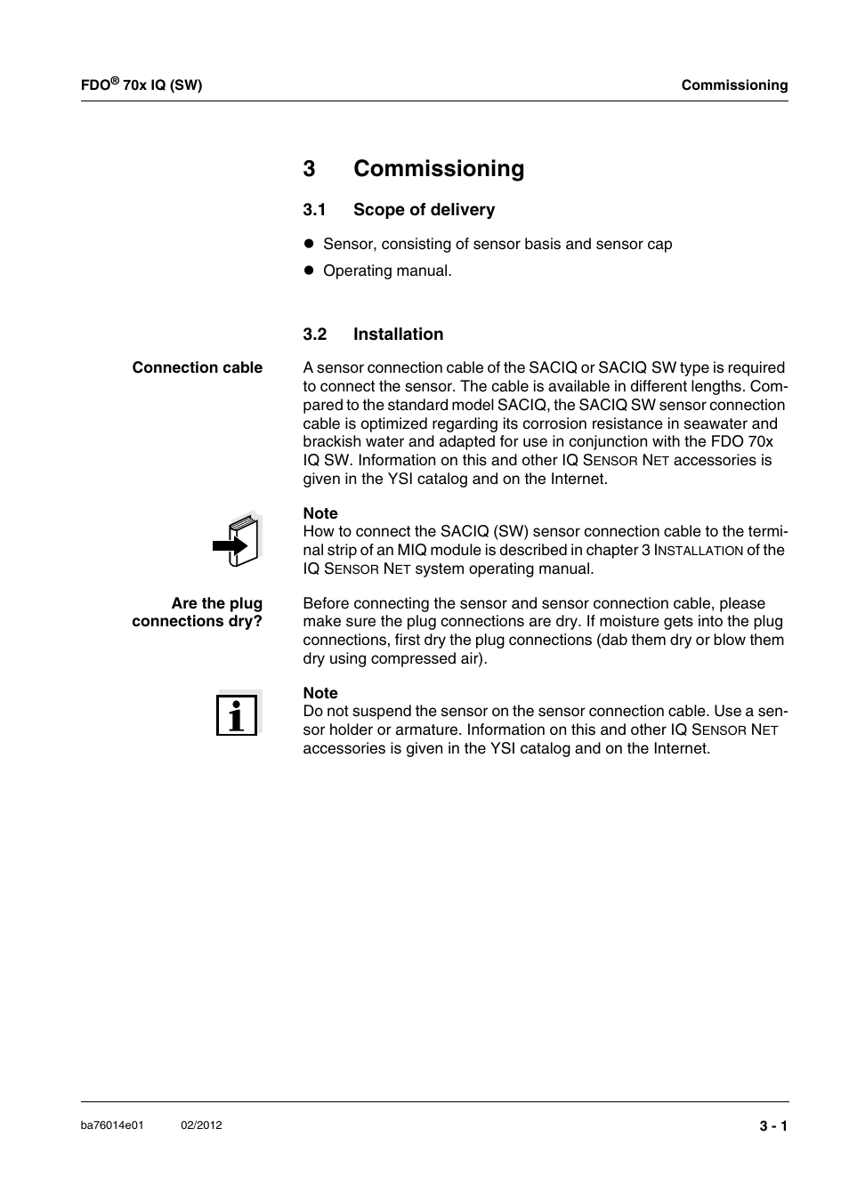 3 commissioning, 1 scope of delivery, 2 installation | Commissioning -1, Scope of delivery -1, Installation -1, 3commissioning | Xylem IQ SensorNet FDO 70x IQ (SW) User Manual | Page 13 / 48