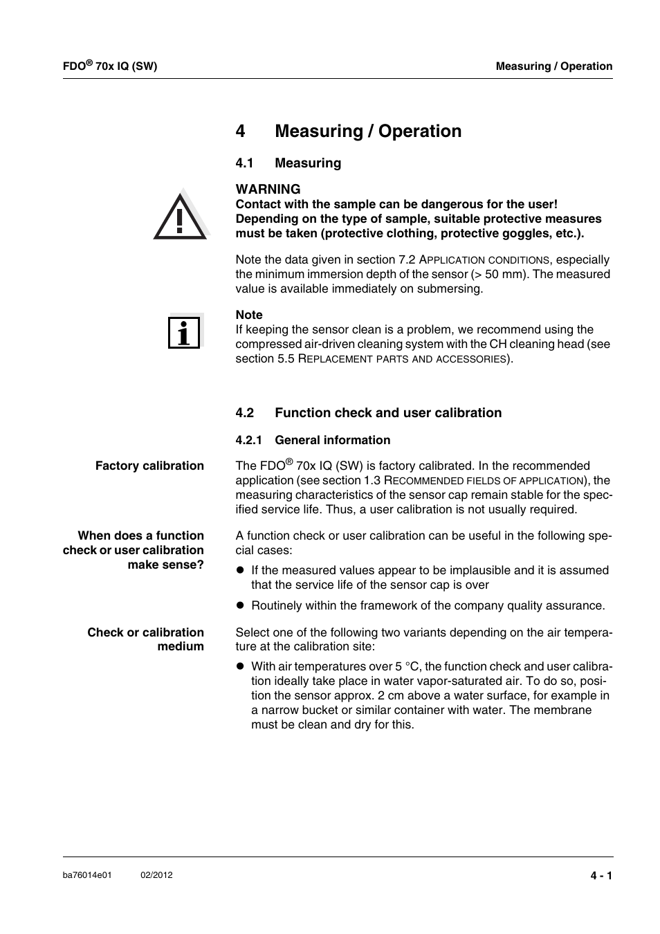 4 measuring / operation, 1 measuring, 2 function check and user calibration | 1 general information, Measuring / operation -1, Measuring -1, Function check and user calibration -1 4.2.1, General information -1, 4measuring / operation | Xylem IQ SensorNet FDO 70x IQ (SW) User Manual | Page 19 / 48