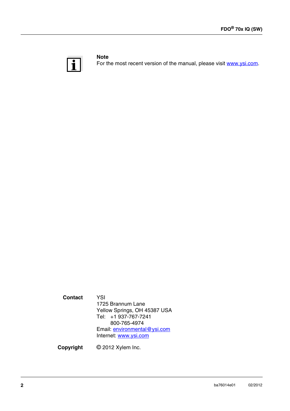 Xylem IQ SensorNet FDO 70x IQ (SW) User Manual | Page 2 / 48