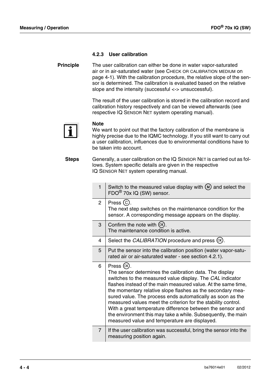 3 user calibration, User calibration -4 | Xylem IQ SensorNet FDO 70x IQ (SW) User Manual | Page 22 / 48