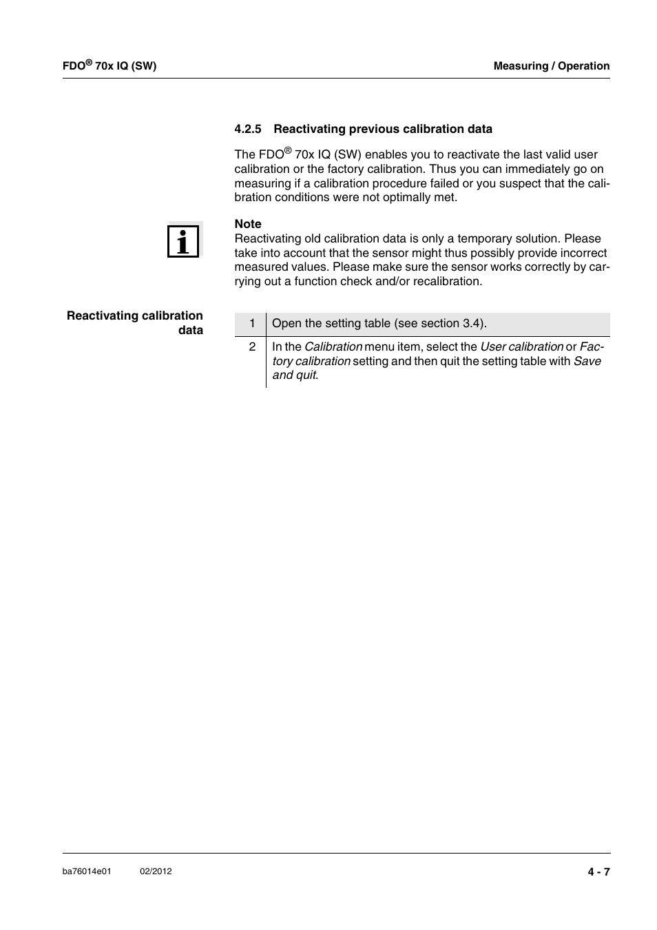 5 reactivating previous calibration data, Reactivating previous calibration data -7 | Xylem IQ SensorNet FDO 70x IQ (SW) User Manual | Page 25 / 48