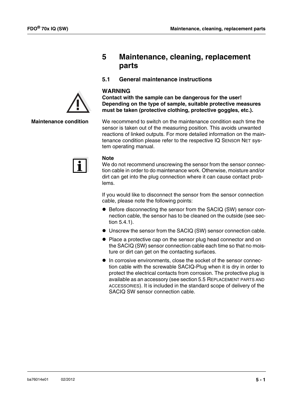 5 maintenance, cleaning, replacement parts, 1 general maintenance instructions, Maintenance, cleaning, replacement parts -1 | General maintenance instructions -1, Chapter 5 m, Aintenance, Cleaning, Replacement, Parts, 5maintenance, cleaning, replacement parts | Xylem IQ SensorNet FDO 70x IQ (SW) User Manual | Page 27 / 48