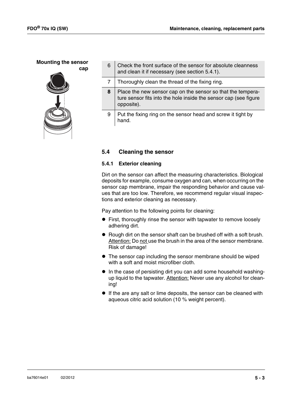 4 cleaning the sensor, 1 exterior cleaning, Cleaning the sensor -3 5.4.1 | Exterior cleaning -3, E (see sec- tion 5.4.1) | Xylem IQ SensorNet FDO 70x IQ (SW) User Manual | Page 29 / 48