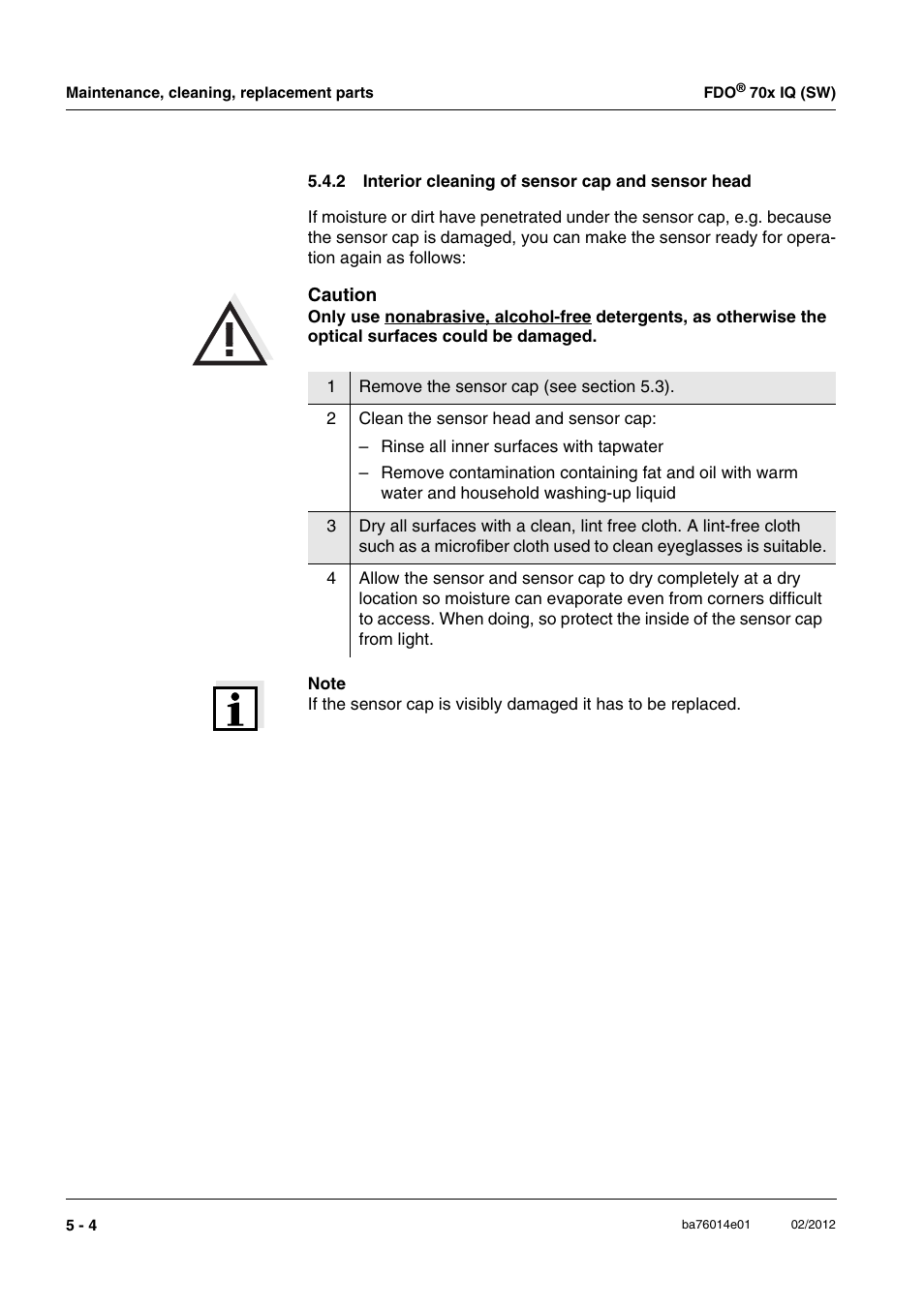 2 interior cleaning of sensor cap and sensor head, Interior cleaning of sensor cap and sensor head | Xylem IQ SensorNet FDO 70x IQ (SW) User Manual | Page 30 / 48