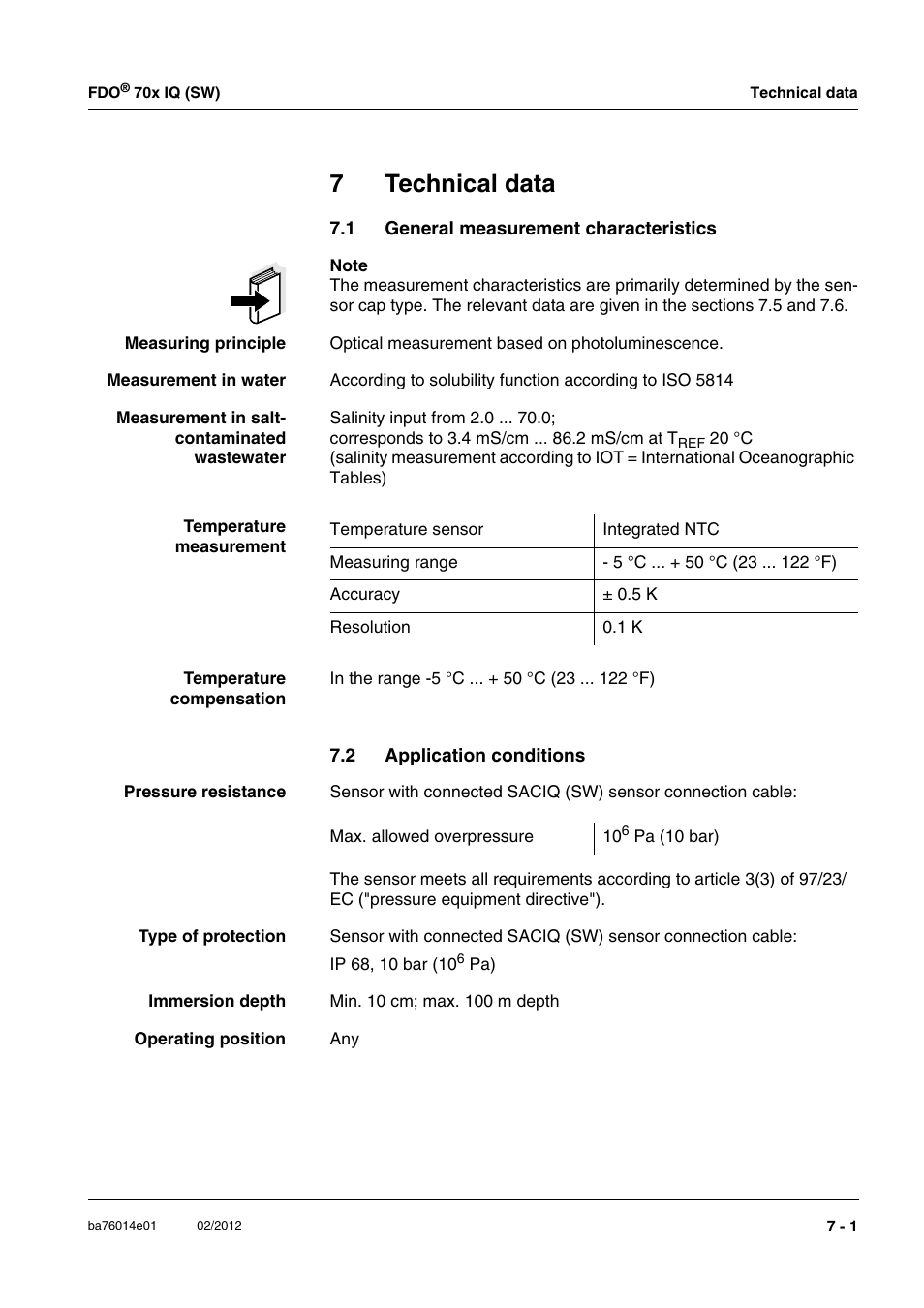 7 technical data, 1 general measurement characteristics, 2 application conditions | Technical data -1, General measurement characteristics -1, Application conditions -1, N in chapter 7 t, Echnical, Data, To chapter 7 t | Xylem IQ SensorNet FDO 70x IQ (SW) User Manual | Page 35 / 48