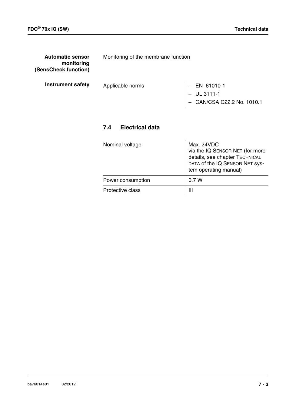 4 electrical data, Electrical data -3 | Xylem IQ SensorNet FDO 70x IQ (SW) User Manual | Page 37 / 48