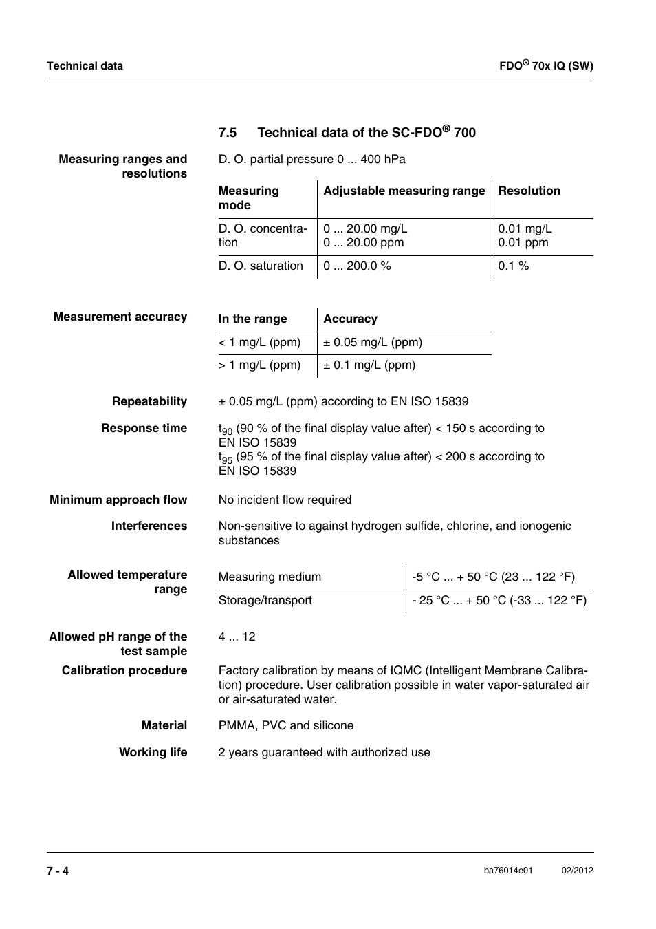 5 technical data of the sc-fdo® 700, Technical data of the sc-fdo | Xylem IQ SensorNet FDO 70x IQ (SW) User Manual | Page 38 / 48