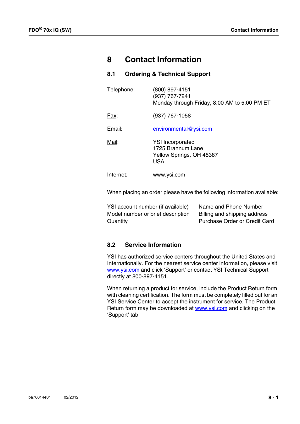 8 contact information, 1 ordering & technical support, 2 service information | Contact information -1, Ordering & technical support -1, Service information -1, 8contact information | Xylem IQ SensorNet FDO 70x IQ (SW) User Manual | Page 41 / 48