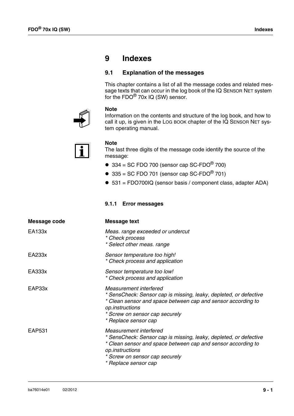 9 indexes, 1 explanation of the messages, 1 error messages | Indexes -1, Explanation of the messages -1 9.1.1, Error messages -1, 9indexes | Xylem IQ SensorNet FDO 70x IQ (SW) User Manual | Page 43 / 48
