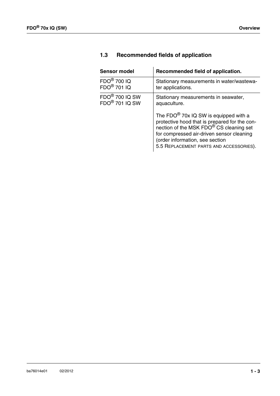 3 recommended fields of application, Recommended fields of application -3 | Xylem IQ SensorNet FDO 70x IQ (SW) User Manual | Page 7 / 48