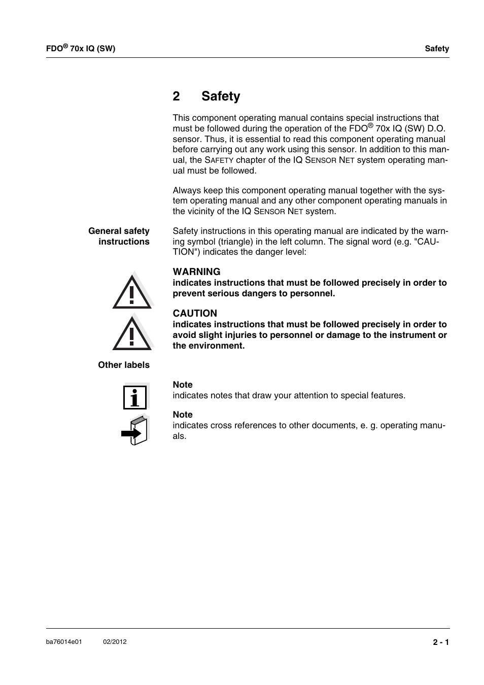 2 safety, Safety -1, 2safety | Xylem IQ SensorNet FDO 70x IQ (SW) User Manual | Page 9 / 48
