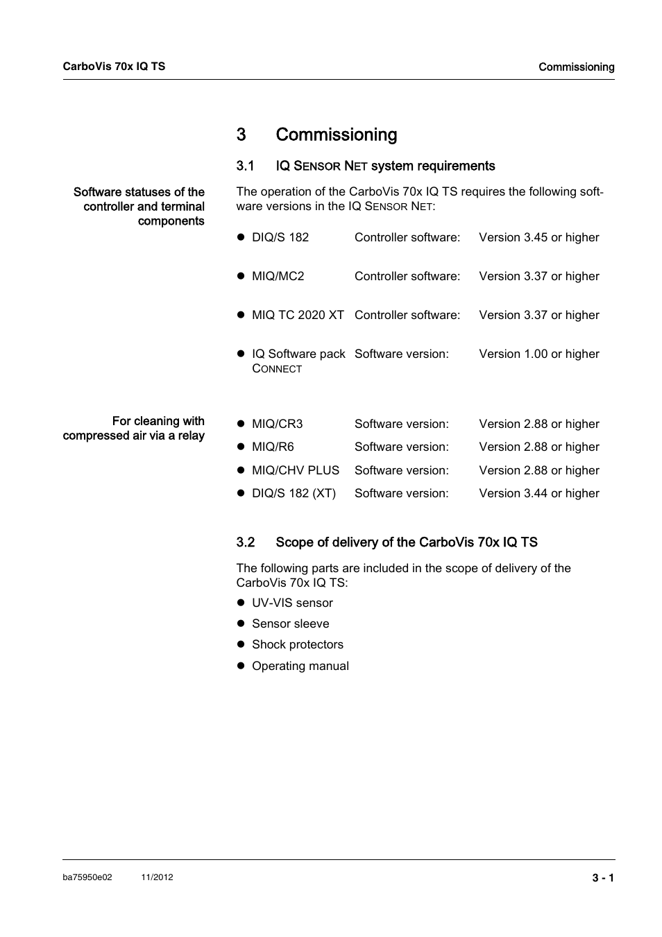 3 commissioning, 1 iq sensor net system requirements, 2 scope of delivery of the carbovis 70x iq ts | Commissioning -1, 1 iq, 2 scope of delivery of the carbovis 70x iq ts -1, 3commissioning | YSI CarboVis 705 IQ TS User Manual | Page 11 / 66