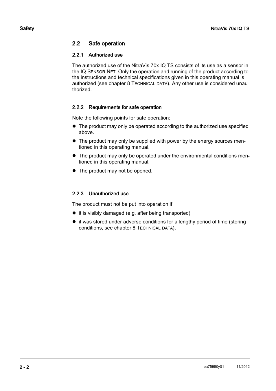 2 safe operation, 1 authorized use, 2 requirements for safe operation | 3 unauthorized use, 2 safe operation -2, Authorized use -2, Requirements for safe operation -2, Unauthorized use -2 | YSI IQ S ENSOR N ET NitraVis 70x IQ TS User Manual | Page 10 / 60