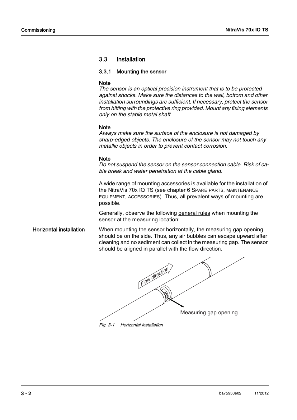 3 installation, 1 mounting the sensor, 3 installation -2 | Mounting the sensor -2 | YSI IQ S ENSOR N ET NitraVis 70x IQ TS User Manual | Page 12 / 60