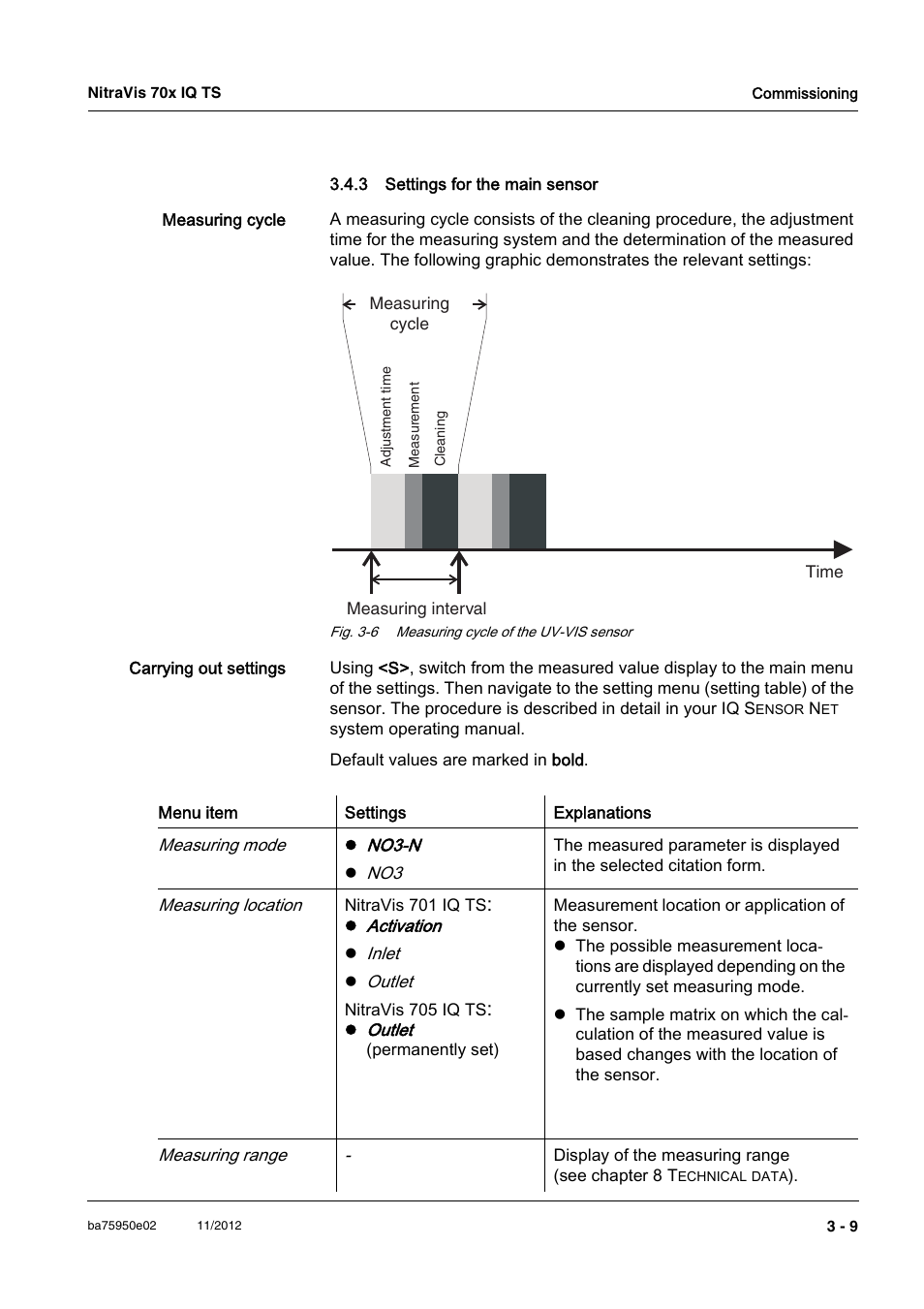 3 settings for the main sensor, Settings for the main sensor -9, Section | YSI IQ S ENSOR N ET NitraVis 70x IQ TS User Manual | Page 19 / 60