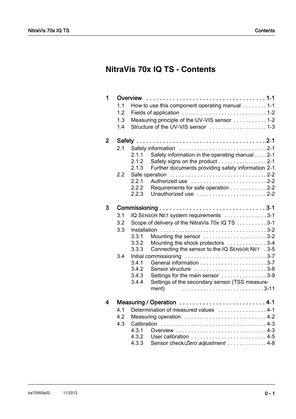 Nitravis 70x iq ts - contents | YSI IQ S ENSOR N ET NitraVis 70x IQ TS User Manual | Page 3 / 60
