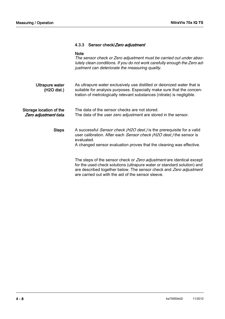 3 sensor check/zero adjustment, Sensor check, See section 4.3.3) | YSI IQ S ENSOR N ET NitraVis 70x IQ TS User Manual | Page 30 / 60