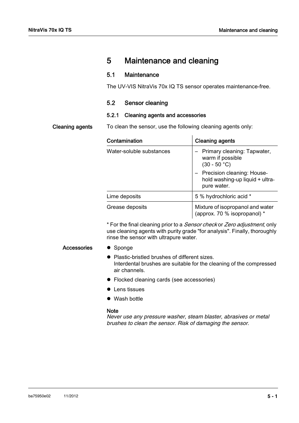 5 maintenance and cleaning, 1 maintenance, 2 sensor cleaning | 1 cleaning agents and accessories, Maintenance and cleaning -1, 1 maintenance -1 5.2 sensor cleaning -1, Cleaning agents and accessories -1, 5maintenance and cleaning | YSI IQ S ENSOR N ET NitraVis 70x IQ TS User Manual | Page 37 / 60