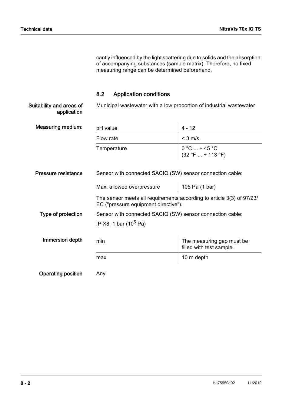 2 application conditions, 2 application conditions -2 | YSI IQ S ENSOR N ET NitraVis 70x IQ TS User Manual | Page 48 / 60