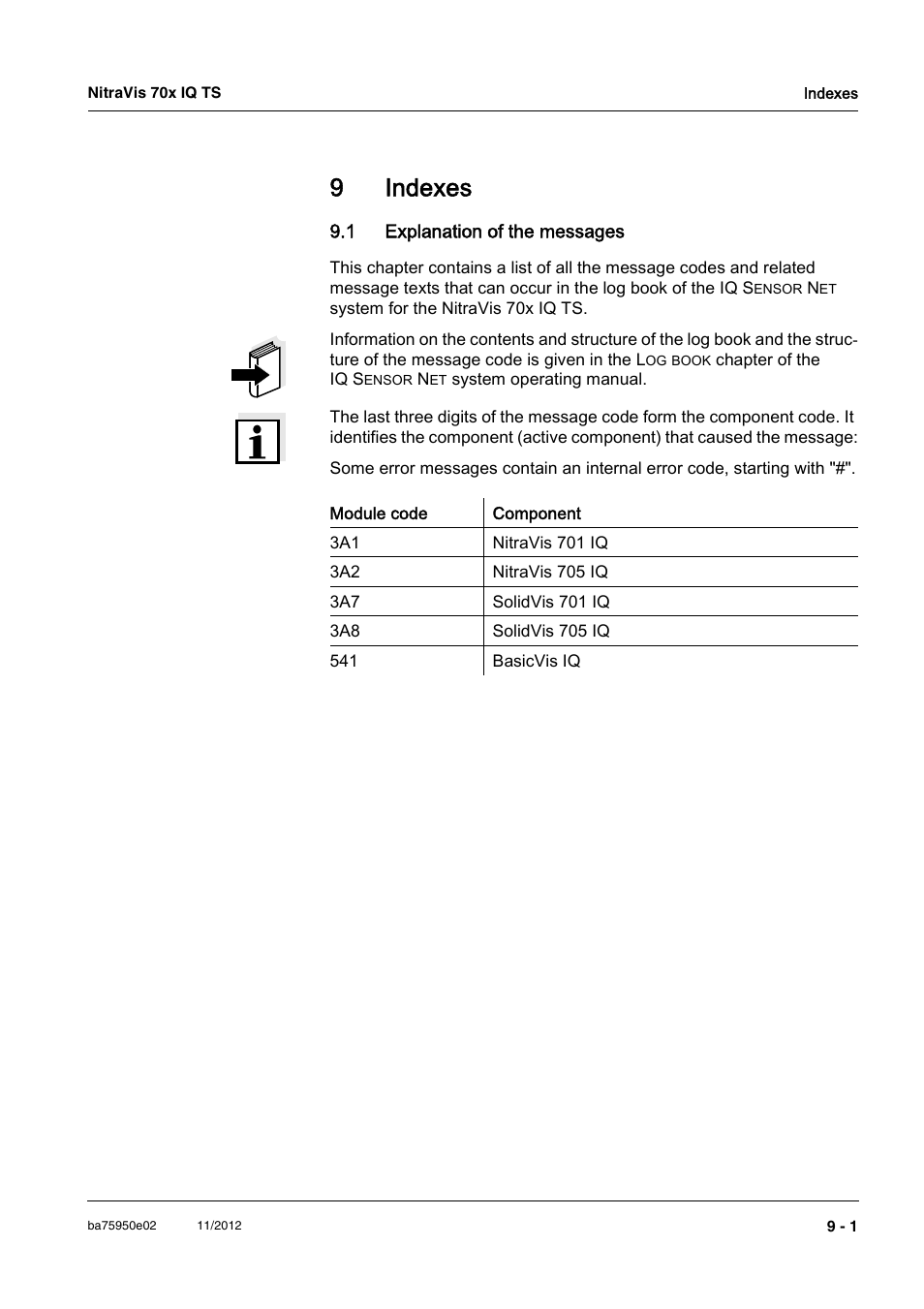 9 indexes, 1 explanation of the messages, Indexes -1 | 1 explanation of the messages -1, 9indexes | YSI IQ S ENSOR N ET NitraVis 70x IQ TS User Manual | Page 51 / 60