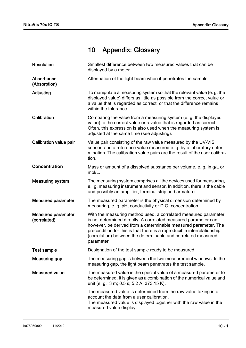 10 appendix: glossary, 10 appendix: glossary -1 | YSI IQ S ENSOR N ET NitraVis 70x IQ TS User Manual | Page 57 / 60