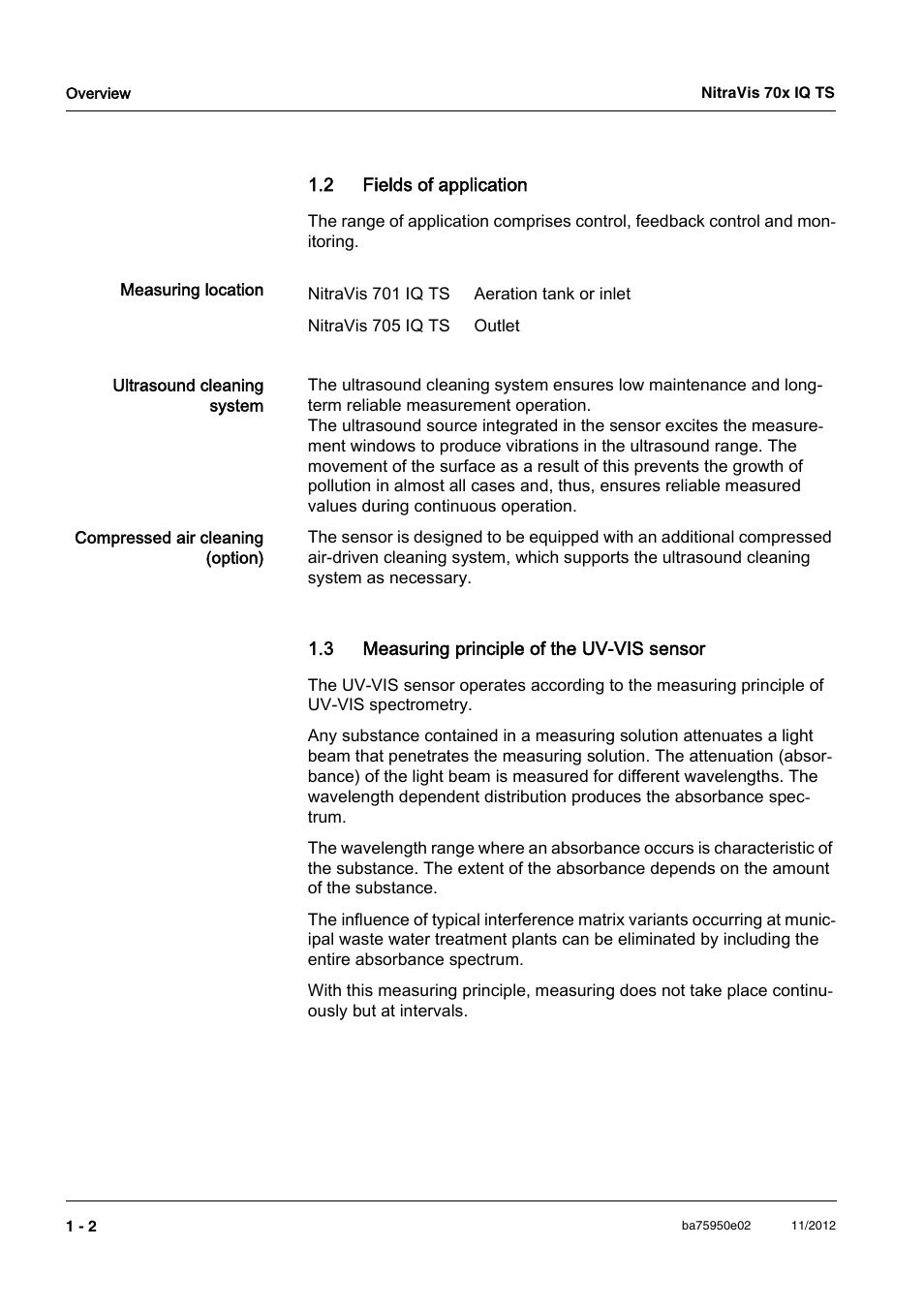 2 fields of application, 3 measuring principle of the uv-vis sensor | YSI IQ S ENSOR N ET NitraVis 70x IQ TS User Manual | Page 6 / 60