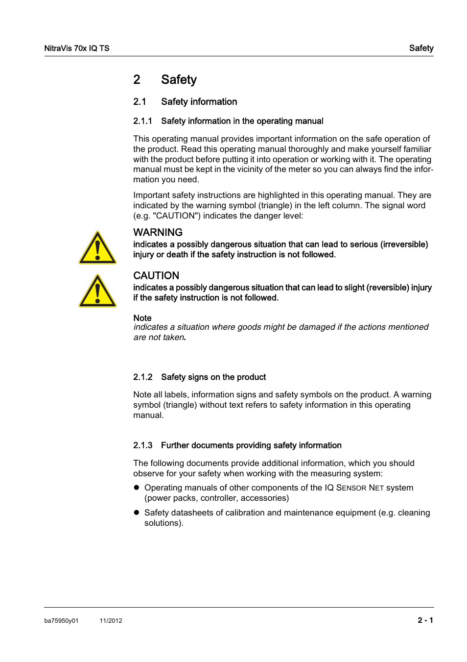 2 safety, 1 safety information, 1 safety information in the operating manual | 2 safety signs on the product, 3 further documents providing safety information, Safety -1, 1 safety information -1, Safety information in the operating manual -1, Safety signs on the product -1, Further documents providing safety information 2-1 | YSI IQ S ENSOR N ET NitraVis 70x IQ TS User Manual | Page 9 / 60